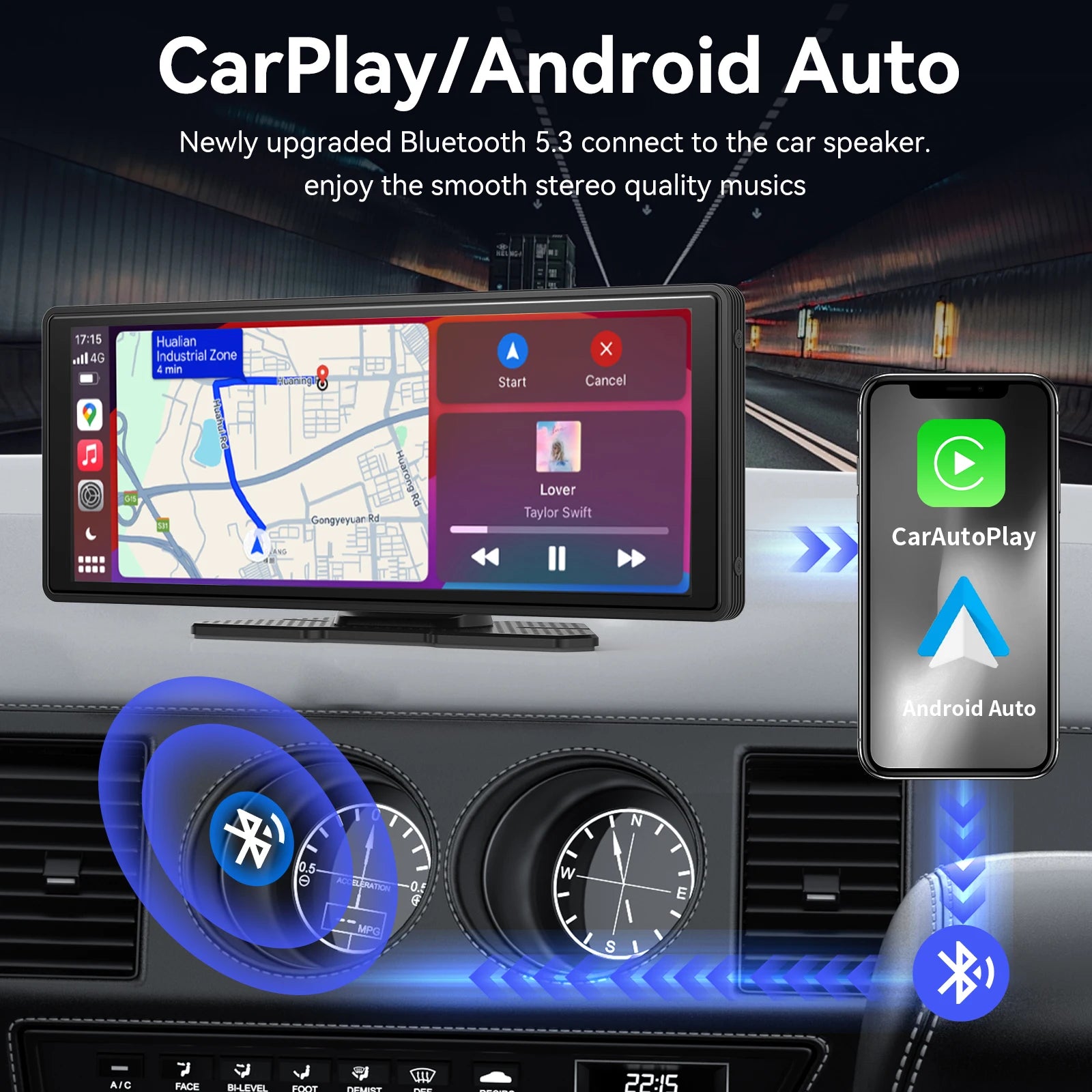 Wireless Portable Carplay Screen for Car 10.26Inch Carplay & Android Auto Car Touch Stereo, with Dash Cam, Backup Camera